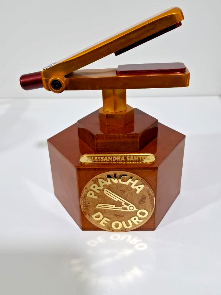 Troféu Prancha de Ouro conquistado por Alessandra Santos, com seu nome gravado na base